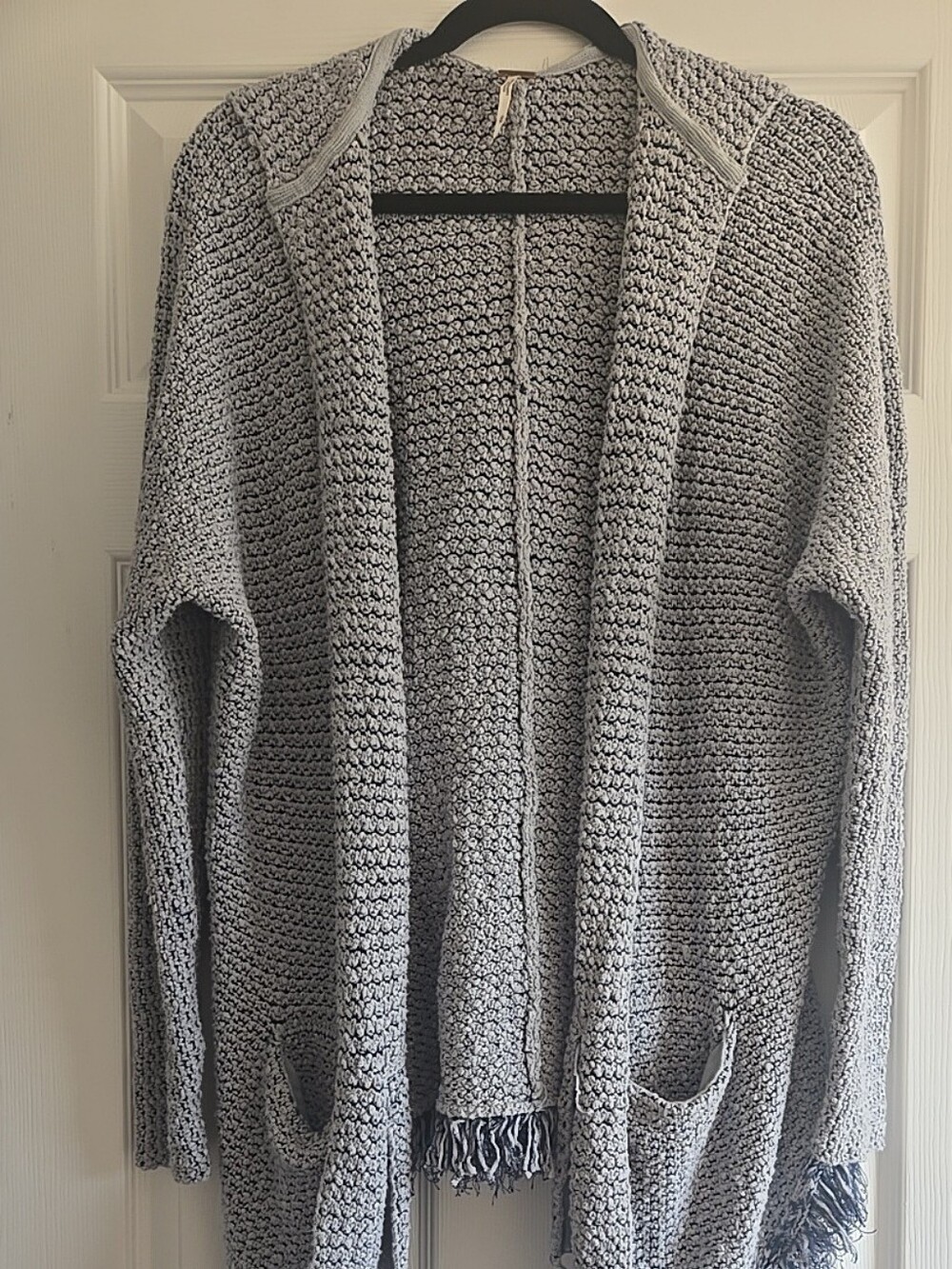 Free People Women's Loose Knit Fringe Blue/Gray Hoodie Cardigan Size Medium